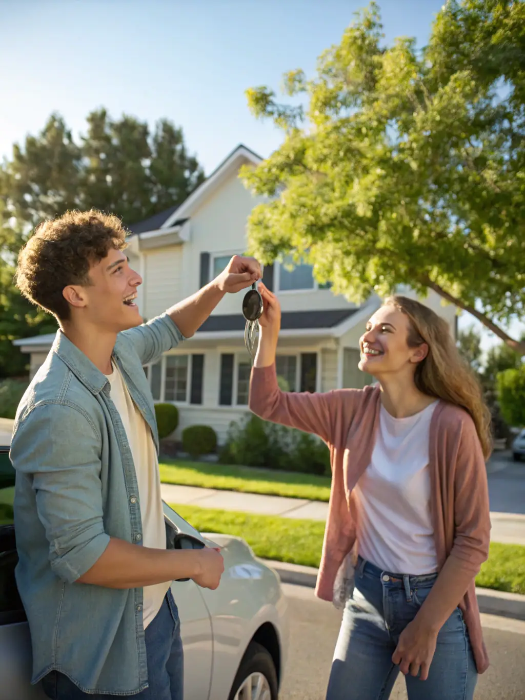 An image of two individuals exchanging keys for a vehicle in a residential area, symbolizing peer-to-peer rental scenarios.