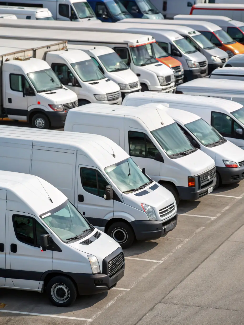 A fleet of commercial vehicles parked in a depot, representing Soltrice's capabilities in fleet management fraud detection.