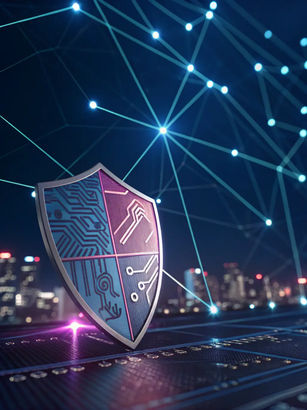A security shield icon combined with data streams, symbolizing enterprise-level security and data protection within the Soltrice fraud scoring platform.